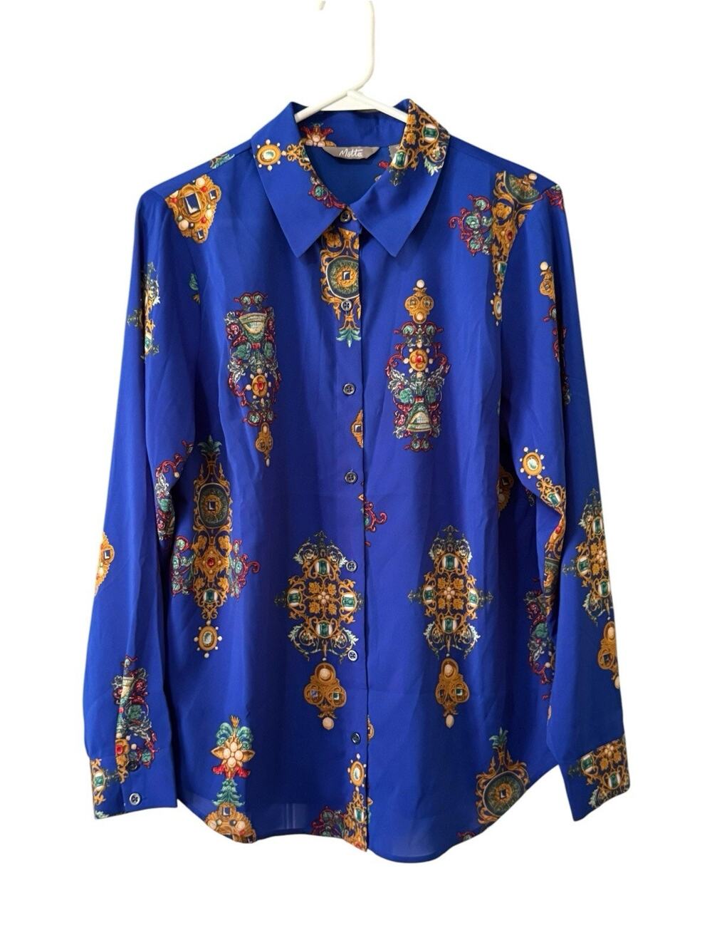 Motto Lightweight Button Down Blouse Women Size 10 Victorian Classic Blue Office